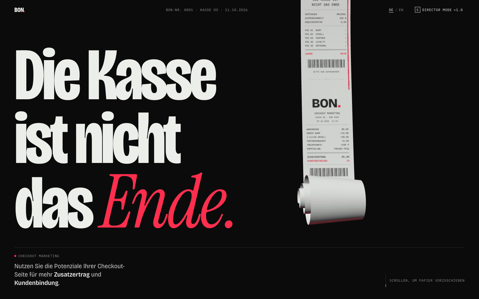 BON. – Startseite mit der Headline „Die Kasse ist nicht das Ende.“ und einem 3D-Kassenbon