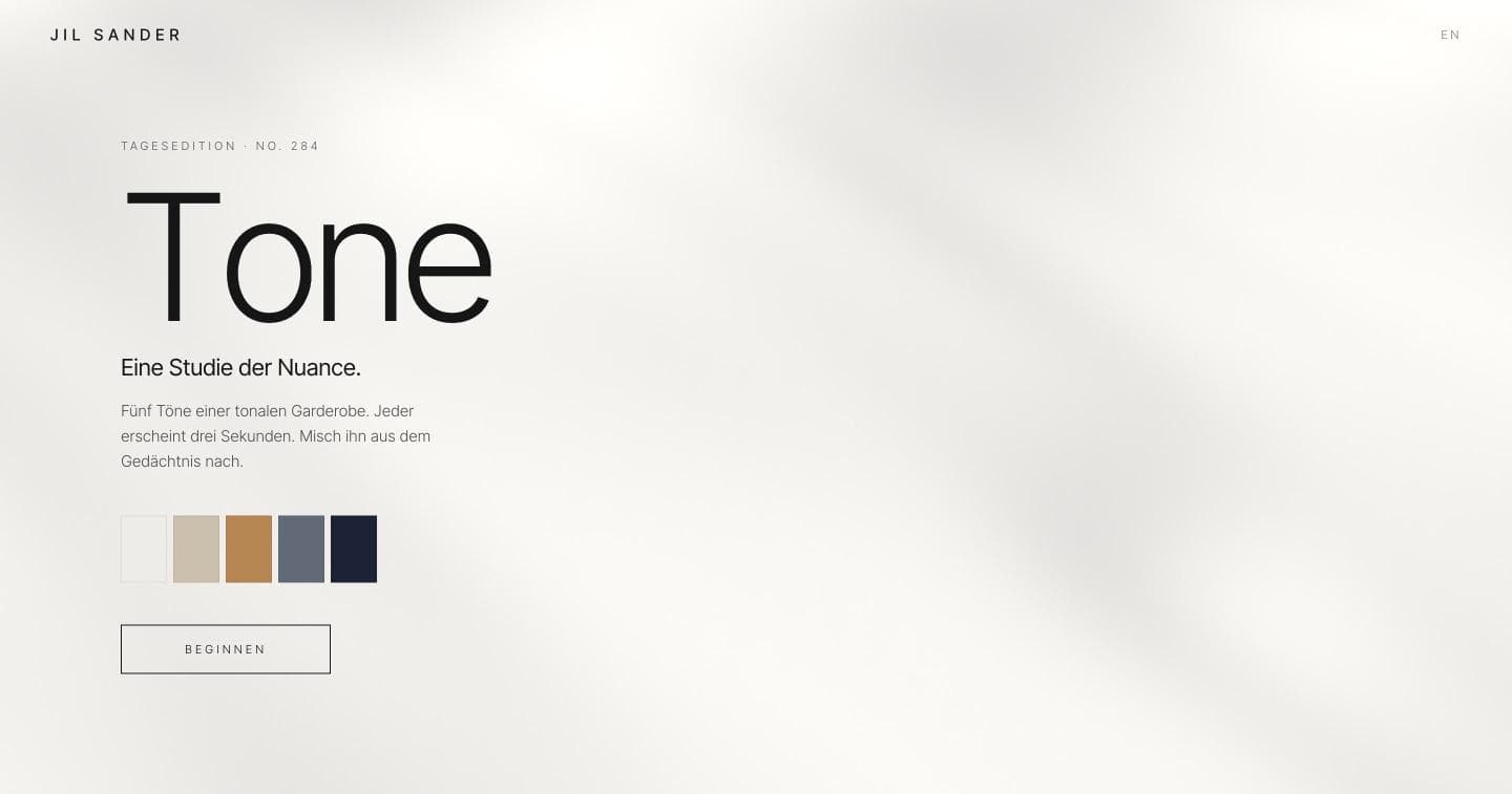 Tone – ruhige helle Startseite mit großer Typo und fünf Farbfeldern